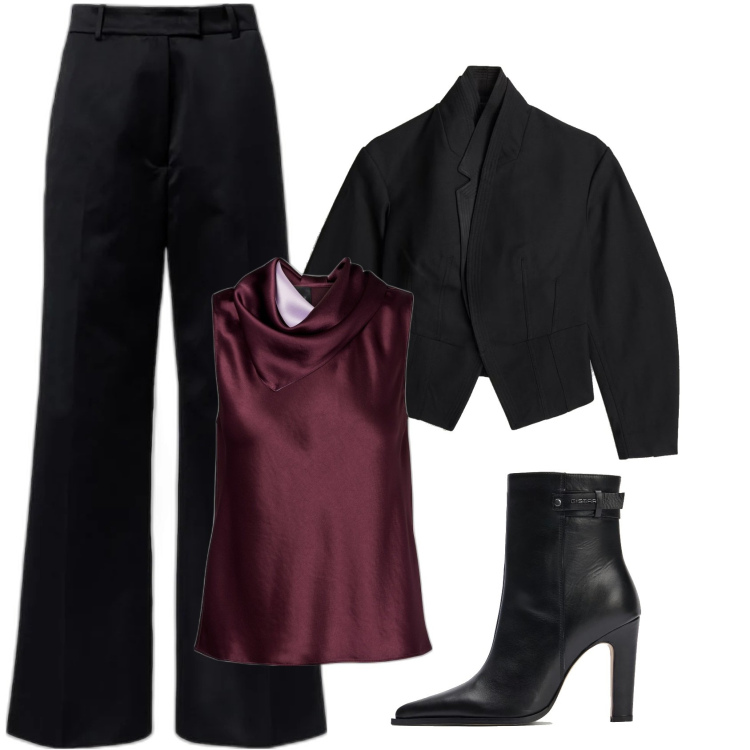 Outfit femme - Le pantalon satiné. Style Casual chic pour Soirée dehors. Assortir avec bottes, pantalon large en bas, hauts, blazers.