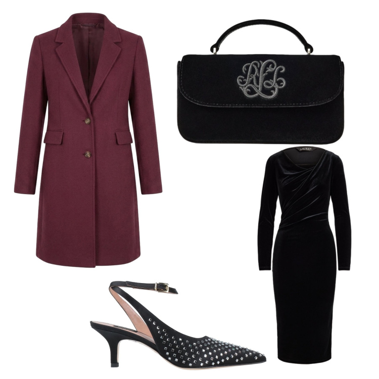 Outfit donna - Outfit serale. Stile Glamour per Serata fuori. Abbinamento con décolleté, cappotti, vestiti a tubino, borse a mano.