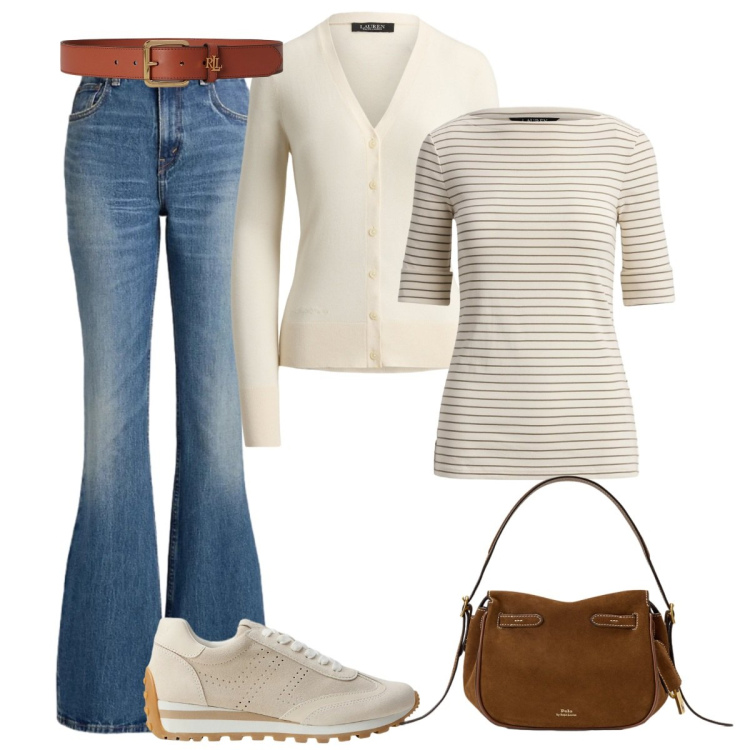 Outfit donna - Di giorno. Stile Basic per Tutti i giorni. Abbinamento con borse a mano, sneakers, jeans, t-shirt, cinture, cardigans.