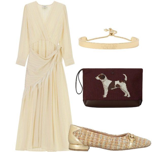 Outfit donna - Il vestito color burro. Stile Trendy per Tutti i giorni. Abbinamento con ballerine, vestiti lunghi, braccialetti, pochette.