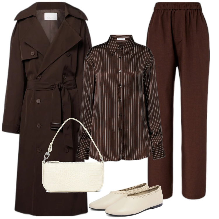 Outfit femme - Le Trench Chocolat. Style Tendance pour Tous les jours. Assortir avec sacs en bandoulière, ballerines, imperméable, pantalon large en bas, chemisiers.