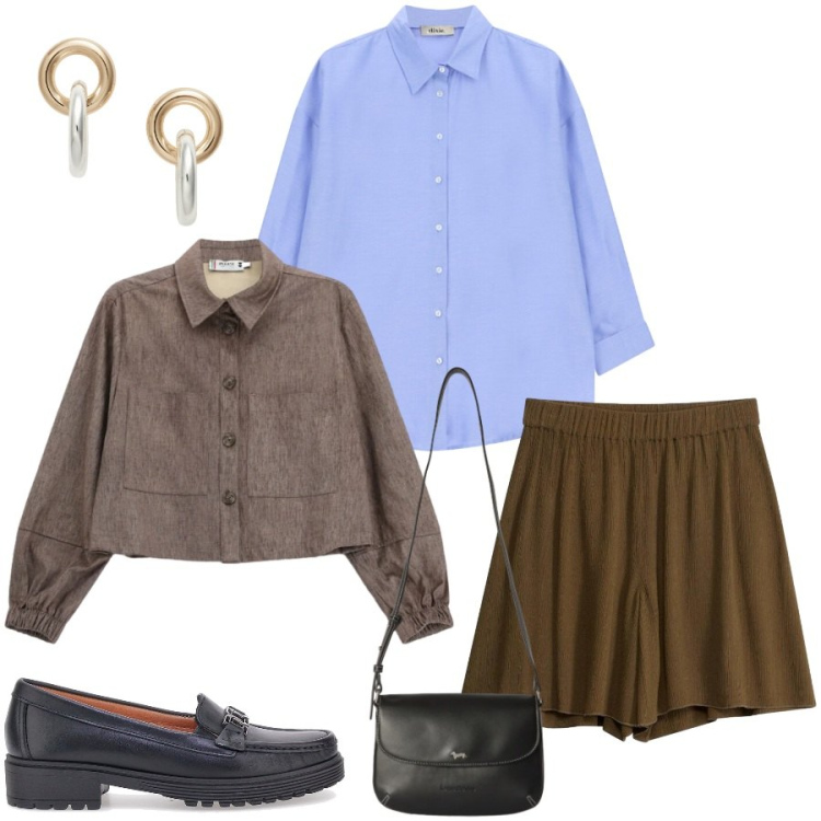 Outfit donna - Total look #2483921. Stile Casual chic per Tutti i giorni. Abbinamento con shorts, borse a tracolla, cappotti, camicie, orecchini, mocassini.