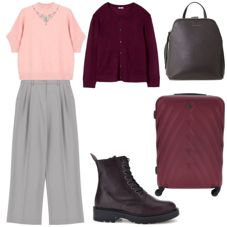 Outfit donna - Si viaggia. Stile Casual per Tutti i giorni. Abbinamento con pantaloni a palazzo, zaini, maglieria, cardigans, anfibi, valigie.