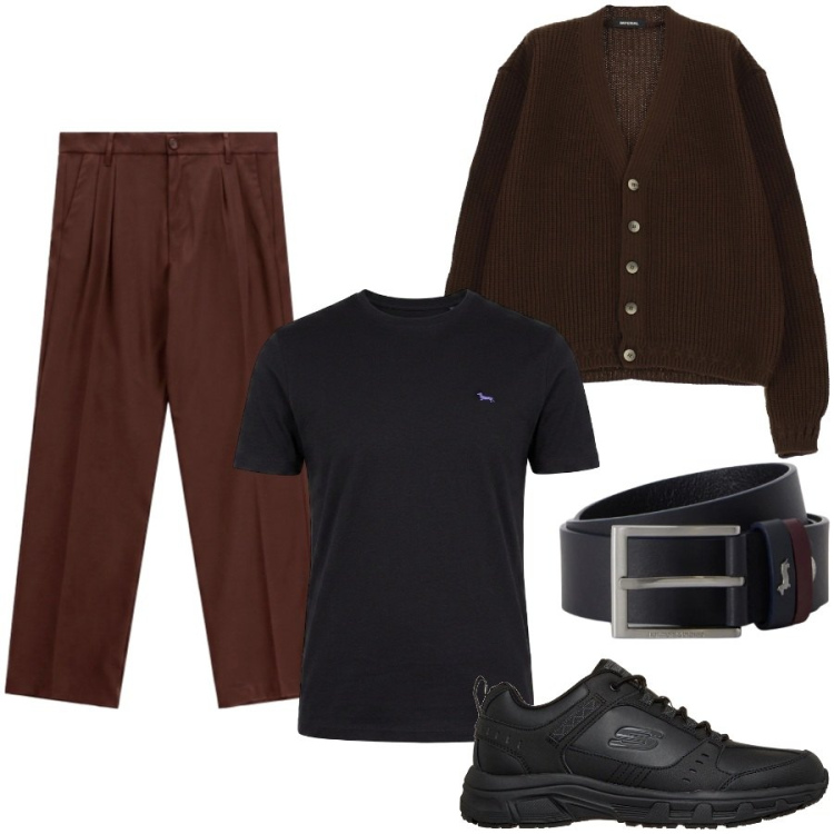 Outfit uomo - Aperitivo informale. Stile Casual per Tutti i giorni. Abbinamento con cinture, t-shirt, cardigans, pantaloni, sneakers.