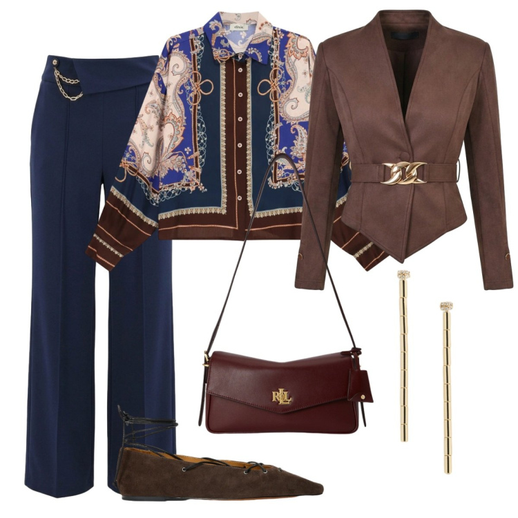 Outfit donna - Serata fuori. Stile Basic per Serata fuori. Abbinamento con blazer, pantaloni, camicie, orecchini, ballerine, borse a spalla.