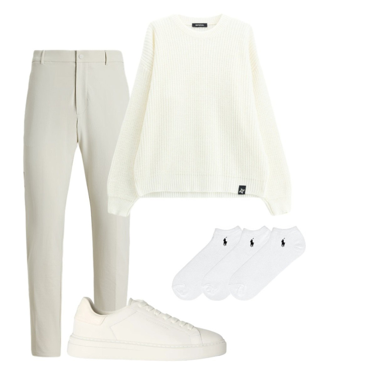 Outfit uomo - Total White. Stile Trendy per Tutti i giorni. Abbinamento con sneakers, maglieria, calzini, pantaloni.
