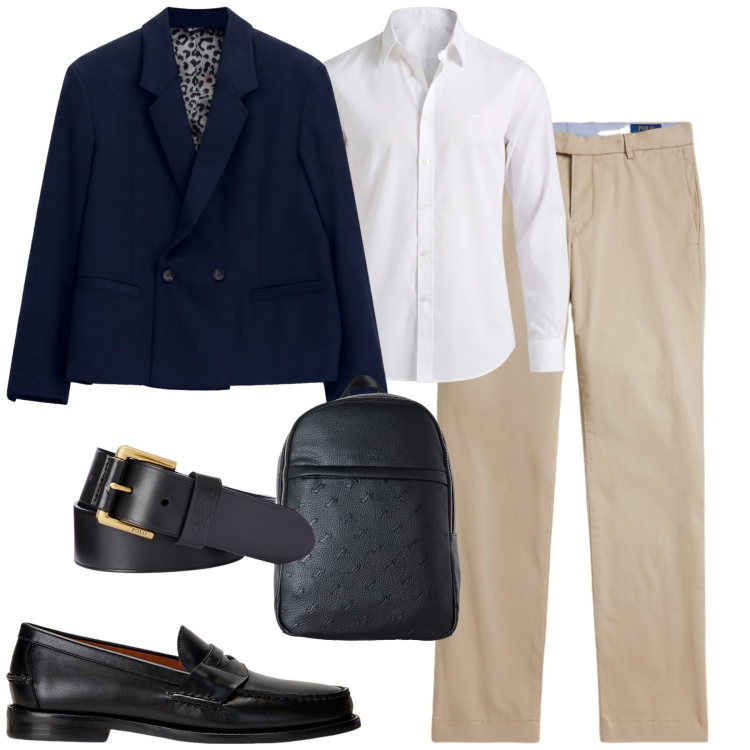 Outfit uomo - Smart casual in ufficio. Stile Business/Elegante per Ufficio. Abbinamento con borse sportive, camicie, giacche, scarpe stringate, pantaloni chino, cinture.