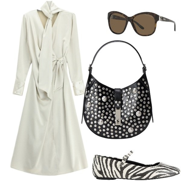 Outfit donna - White long dress. Stile Trendy per Tutti i giorni. Abbinamento con vestiti lunghi, occhiali da sole, borse a spalla, ballerine.