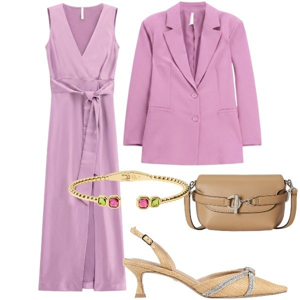 Outfit donna - Elegante in rosa. Stile Chic per Cerimonia. Abbinamento con décolleté, vestiti lunghi, blazer, borse a tracolla, braccialetti.