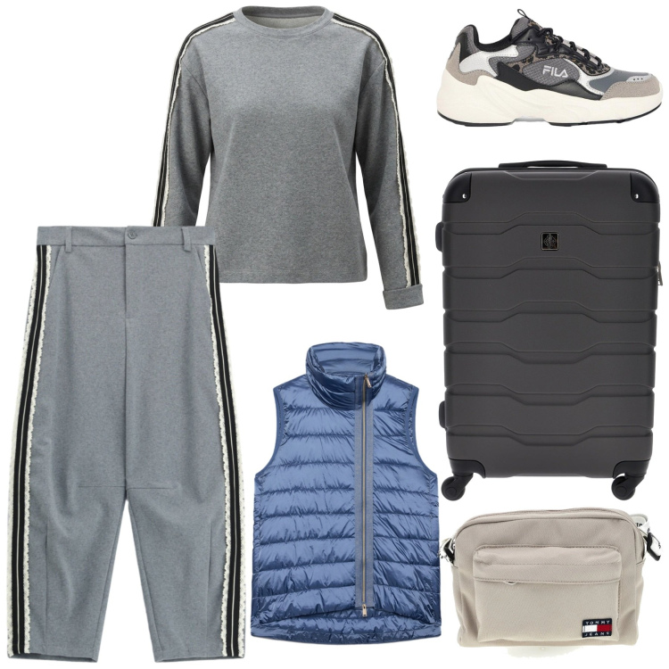 Outfit donna - Si viaggia!. Stile Casual per Tutti i giorni. Abbinamento con sneakers, pantaloni, felpe, piumini, valigie, borse a tracolla.
