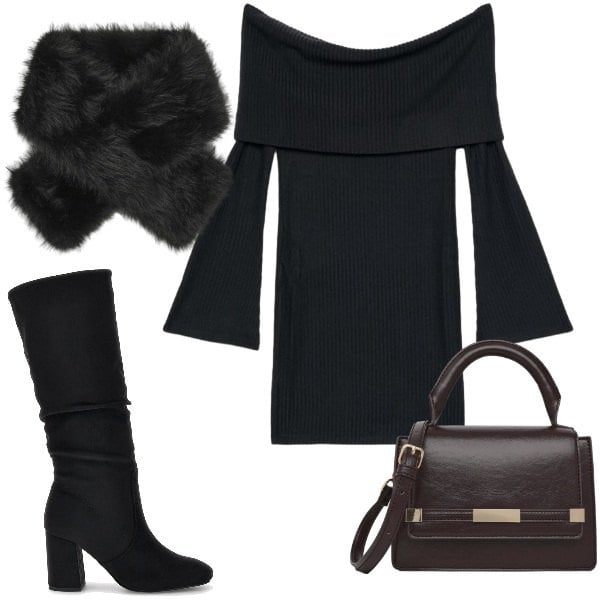 Outfit donna - Serata in città. Stile Glamour per Serata fuori. Abbinamento con vestiti corti, borse a tracolla, sciarpe, stivali sopra il ginocchio.