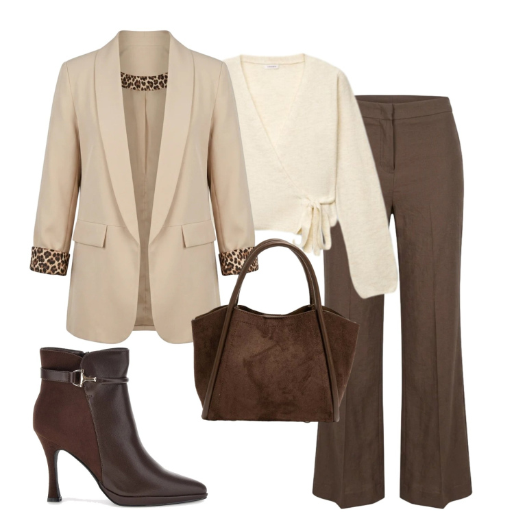 Outfit donna - Rich Espresso & Cream Warmth. Stile Trendy per Tutti i giorni. Abbinamento con pantaloni, blazer, borse a spalla, cardigans, stivaletti.