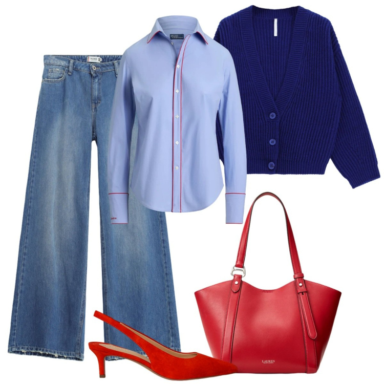 Outfit donna - Rosso. Stile Bon Ton per Ufficio. Abbinamento con cardigans, décolleté, borse tote, camicie, jeans dritti.