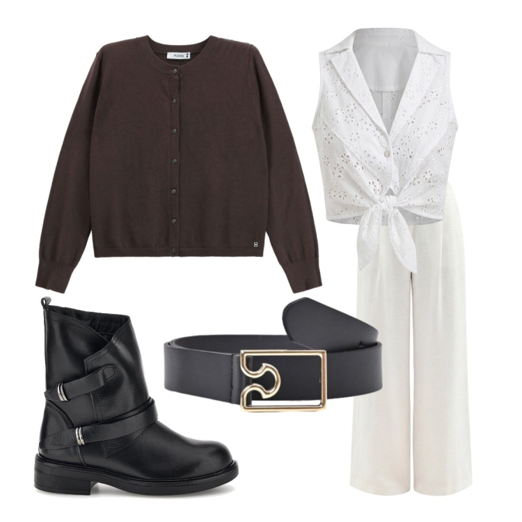 Outfit donna - Sfumature calde. Stile Trendy per Tutti i giorni. Abbinamento con cardigans, cinture, top, pantaloni a palazzo, stivaletti.