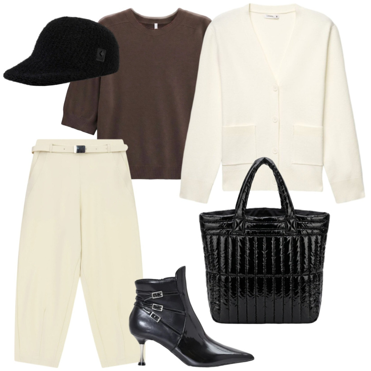 Outfit donna - Everyday. per Tutti i giorni. Abbinamento con pantaloni, maglieria, stivaletti, borse a mano, cappelli con visiera, cardigans.