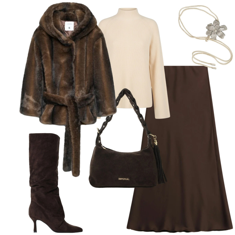 Outfit donna - Rich Espresso & Cream Warmth. Stile Trendy per Tutti i giorni. Abbinamento con stivali, borse a spalla, gonne lunghe, cinture, maglieria, blazer.