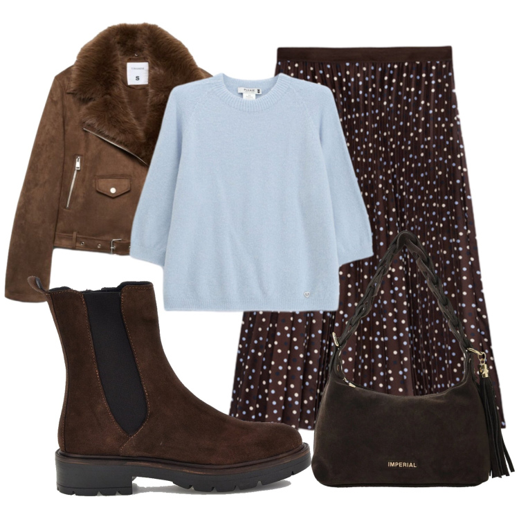 Outfit donna - Rich Espresso & Cream Warmth. Stile Glamour per Tutti i giorni. Abbinamento con gonne lunghe, borse a spalla, maglieria, giacche, stivaletti chelsea.