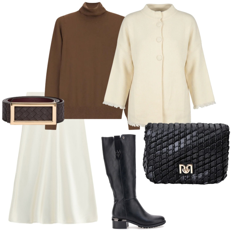 Outfit donna - Espresso and cream. per Ufficio. Abbinamento con gonne longuette, cinture, pullovers, borse a tracolla, cardigans, stivali sopra il ginocchio.