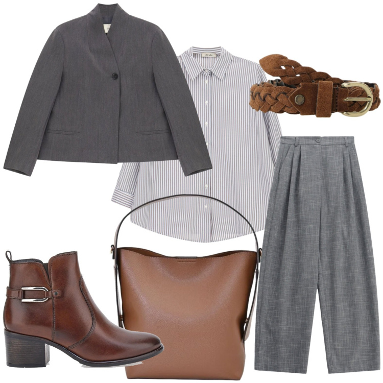 Outfit donna - Blazer odierno. Stile Casual per Tutti i giorni. Abbinamento con borse a mano, pantaloni a palazzo, camicie, cinture, blazer, stivaletti.