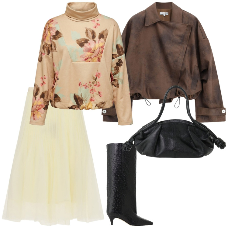 Outfit donna - Autunno. per Tutti i giorni. Abbinamento con gonne longuette, bomber, borse a mano, stivali, felpe.
