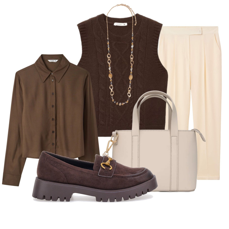 Outfit donna - Rich Espresso & Cream Warmth. Stile Casual chic per Ufficio. Abbinamento con collane, camicie, borse a tracolla, maglieria, pantaloni chino, mocassini.