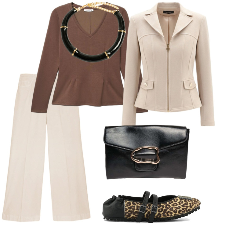 Outfit donna - Autunno e sfumature. per Tutti i giorni. Abbinamento con pantaloni a palazzo, blazer, collane, clutch, t-shirt, ballerine.