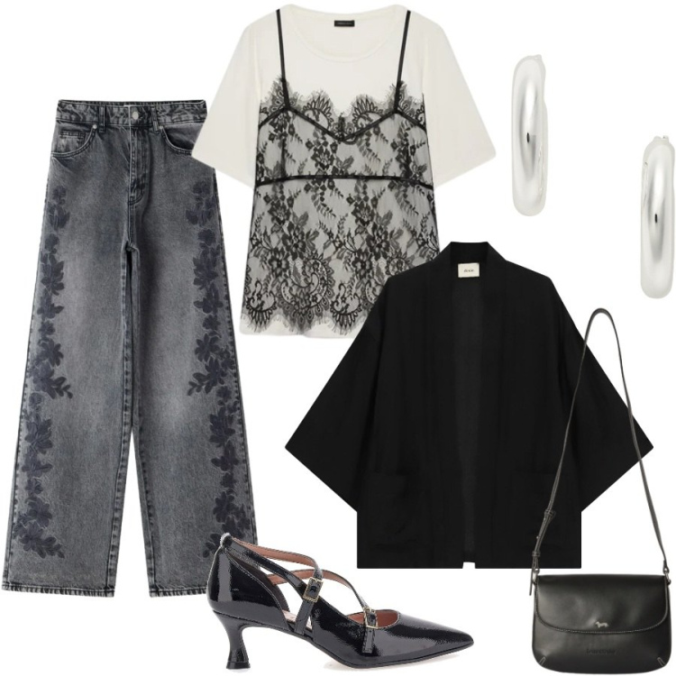 Outfit donna - Pizzi e ricami e il jeans si fa da sera. Stile Rock per Serata fuori. Abbinamento con jeans, borse a tracolla, blazer, t-shirt, orecchini, décolleté.