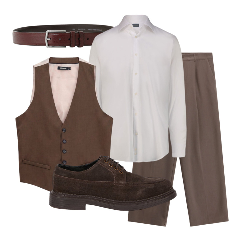 Outfit uomo - Smart casual in ufficio. Stile Trendy per Ufficio. Abbinamento con gilet, cinture, pantaloni, camicie, scarpe stringate.