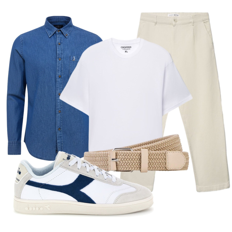 Outfit uomo - Smart casual in ufficio. Stile Casual per Ufficio. Abbinamento con pantaloni chino, t-shirt, sneakers, camicie, cinture.