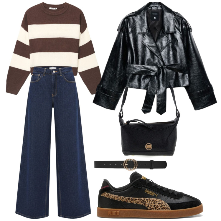 Outfit donna - Ottobre. Stile Casual per Tutti i giorni. look ideale per Petite. Abbinamento con jeans, maglieria, trench, cinture, sneakers, borse a tracolla.