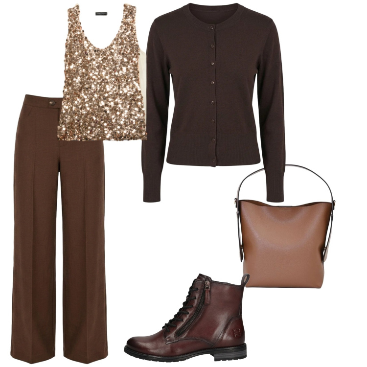 Outfit donna - Casual insolito. per Ufficio. Abbinamento con top, borse a mano, cardigans, pantaloni a palazzo, stivaletti.