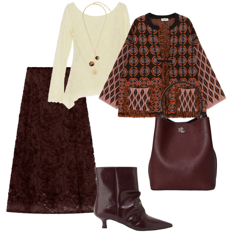 Outfit donna - Autunno. per Ufficio. Abbinamento con gonne longuette, t-shirt, collane, borse a secchiello, cardigans, stivaletti.