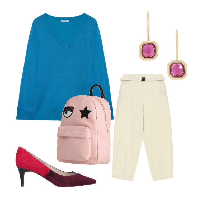 Outfit donna - Aperitivo in galleria. Stile Casual chic per Serata fuori. Abbinamento con pantaloni, maglieria, orecchini, zaini, décolleté.