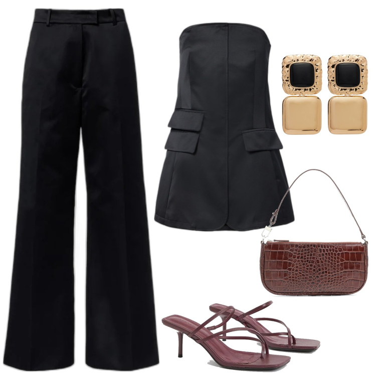 Outfit femme - Ensemble satin. Style Tendance pour Soirée dehors. Assortir avec boucles d'oreilles, pantalon large en bas, hauts, sacs en bandoulière, pantoufles.