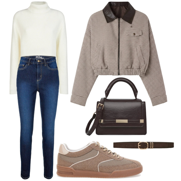 Outfit donna - Saldiiii. Stile Casual per Scuola/Università. Abbinamento con jeans skinny, cappotti, borse a tracolla, cinture, maglieria, sneakers.