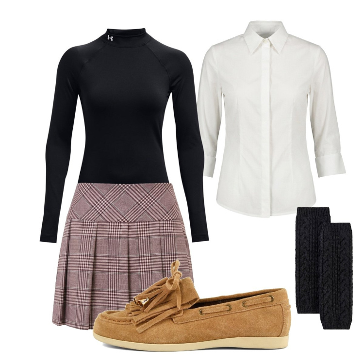 Outfit donna - Passeggiata in città. Stile Preppy per Tutti i giorni. Abbinamento con camicie, minigonne, calzini, pullovers, mocassini.