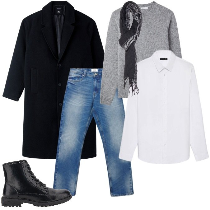 Outfit uomo - Il Layering che Salva la Giornata. Stile Casual per Ufficio. Abbinamento con jeans dritti, camicie, pullovers, cappotti, sciarpe, anfibi.