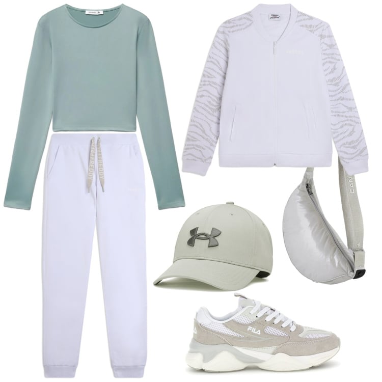 Outfit donna - White. Stile Casual per Sport. Abbinamento con t-shirt, pantaloni, bomber, borse a tracolla, sneakers, cappelli con visiera.