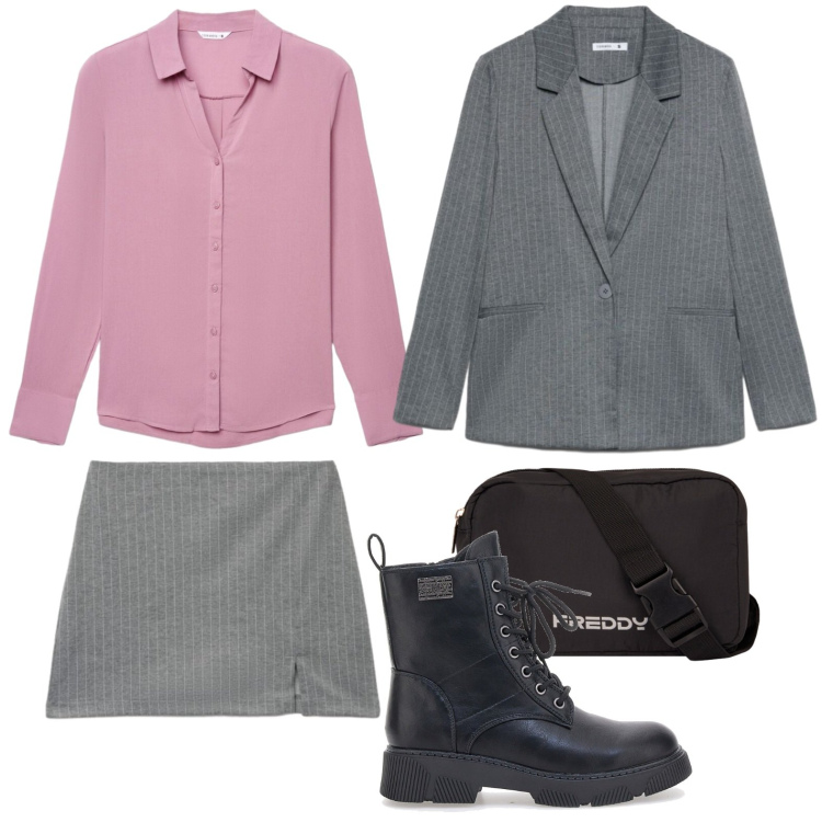 Outfit donna - Preppy grey. Stile Casual per Scuola/Università. Abbinamento con borse a tracolla, camicie, blazer, minigonne, anfibi.