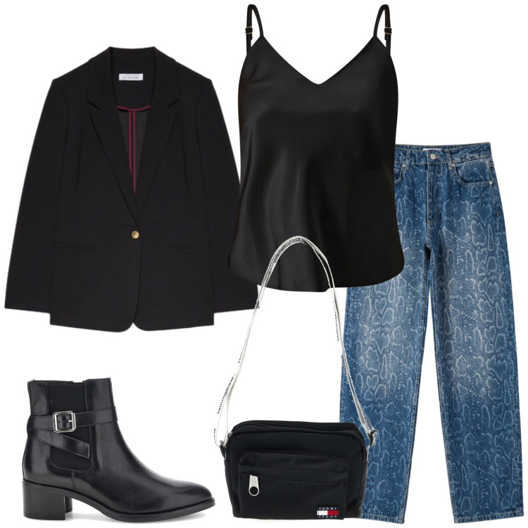 Outfit donna - Total look #2484064. Stile Casual chic per Tutti i giorni. Abbinamento con jeans dritti, top, blazer, borse a tracolla, stivaletti.