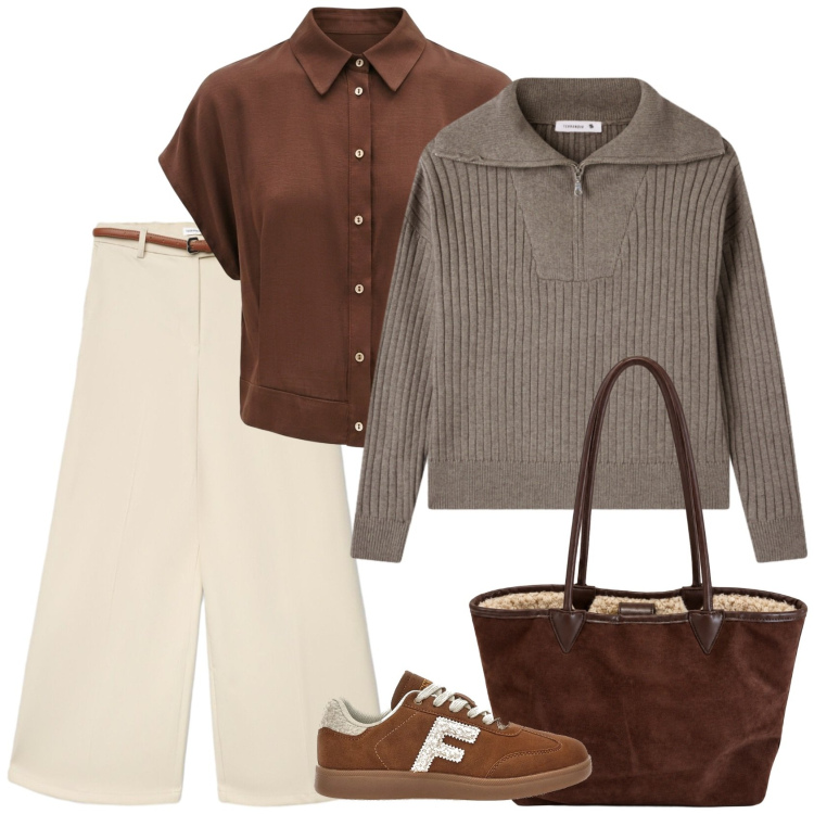 Outfit donna - Coffee club. Stile Casual per Scuola/Università. Abbinamento con pantaloni, maglieria, camicie, shopping bag, sneakers.