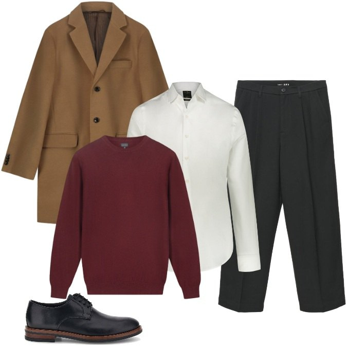 Outfit uomo - Il Cappotto Cammello: idee outfit uomo. Stile Casual per Ufficio. Abbinamento con camicie, maglieria, cappotti, pantaloni, scarpe stringate.