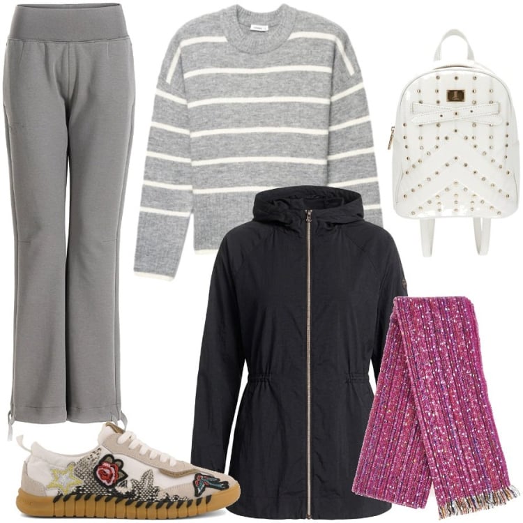 Outfit donna - A lezione. Stile Casual per Scuola/Università. Abbinamento con pullovers, blazer, pantaloni, sneakers, sciarpe, zaini.