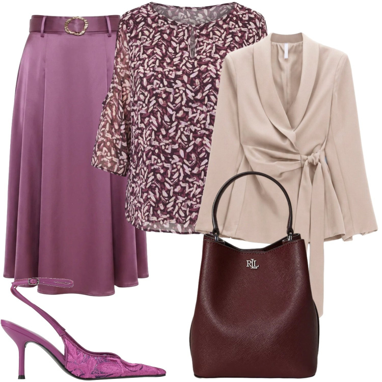 Outfit donna - Armonia e equilibrio. Stile Chic per Serata fuori. Abbinamento con décolleté, blazer, bluse, gonne longuette, borse a secchiello.