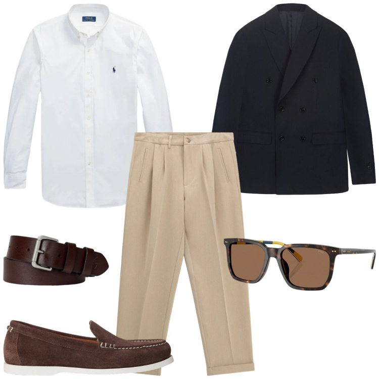 Outfit uomo - Com0let8 spezzatinper ufficio. Stile Business/Elegante per Ufficio. Abbinamento con pantaloni, giacche, cinture, occhiali da sole, scarpe stringate, camicie.
