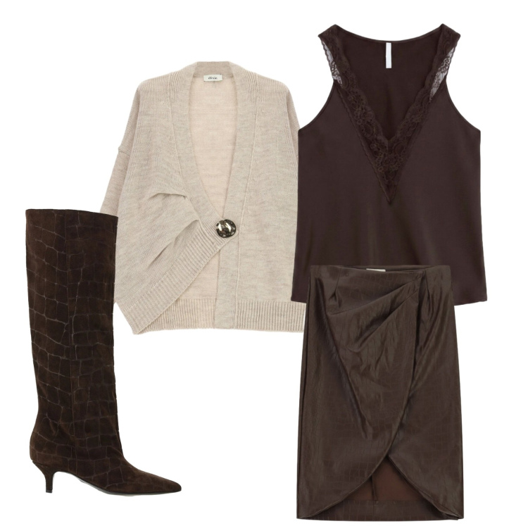 Outfit donna - Caffè e panna. Stile Romantica per Ufficio. Abbinamento con stivali, top, cardigans, gonne longuette.