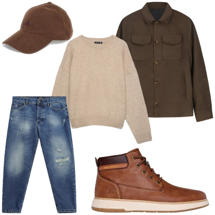 Outfit uomo - Ore free. Stile Trendy per Tutti i giorni. Abbinamento con jeans strappati, cappotti, maglieria, cappelli con visiera, stivali e stivaletti.
