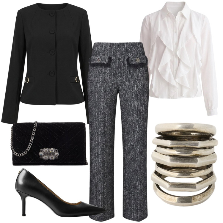 Outfit donna - Battesimo. Stile Glamour per Cerimonia. Abbinamento con décolleté, anelli, borse a tracolla, pantaloni, blazer, camicie.