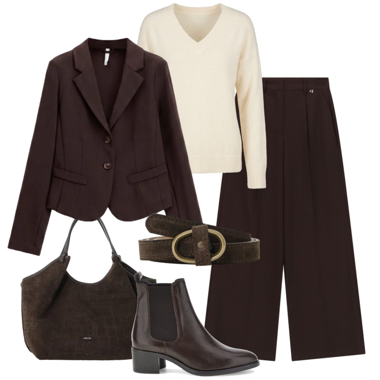 Outfit donna - Dark coffee & cream. Stile Casual chic per Ufficio. Abbinamento con blazer, pantaloni a palazzo, cinture, borse a spalla, maglieria, stivaletti chelsea.