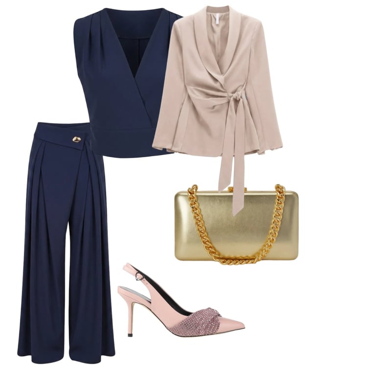 Outfit donna - Vernissage. Stile Glamour per Serata fuori. Abbinamento con blazer, clutch, top, pantaloni a palazzo, décolleté.